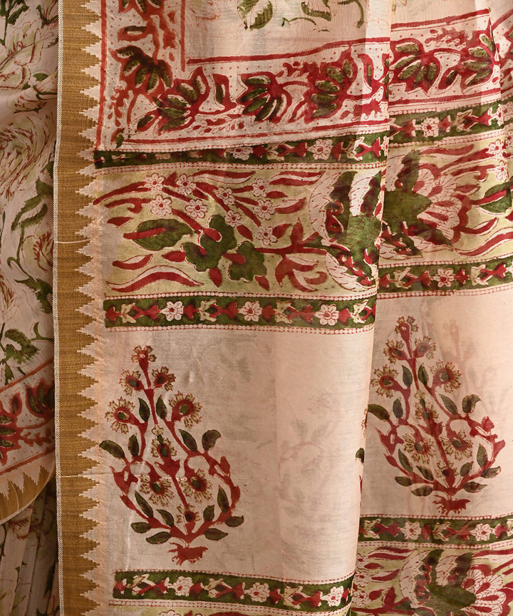 Beige cotton silk hand block printed saree with matching blouse