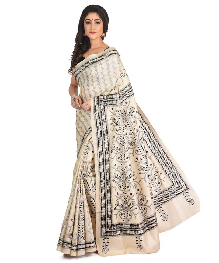 Cream bengal exclusive tasar saree with hand embroidery work