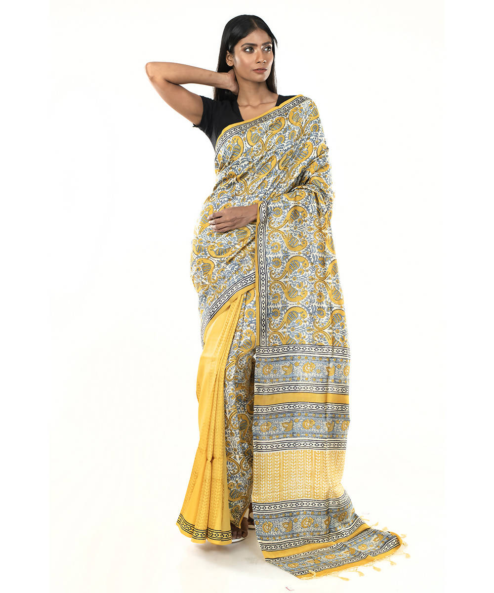 Yellow black hand block print bengal silk saree
