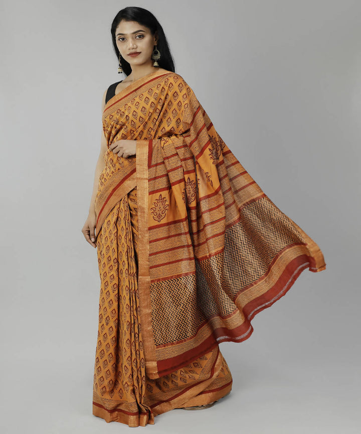 Deep carrot orange bagru handblock printed cotton saree