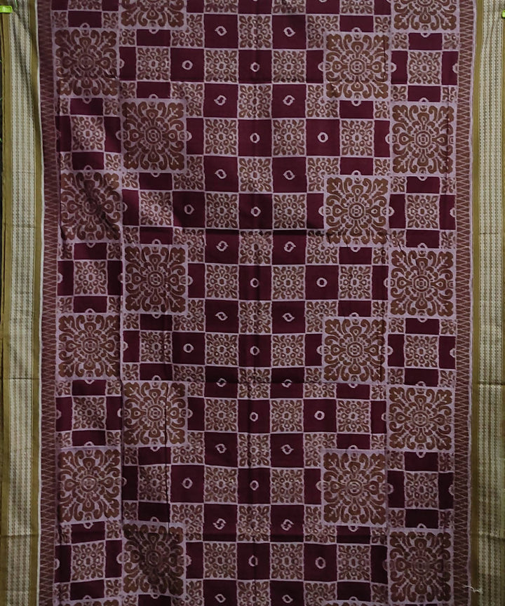 Maroon olive green cotton handwoven sambalpuri saree