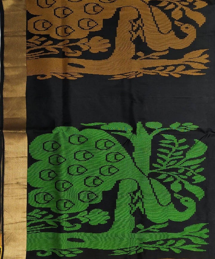 Black with elaborate peacock motifs handloom soft silk saree