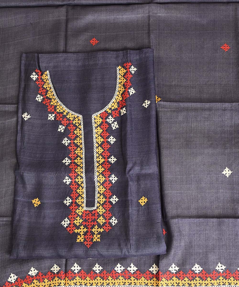 2pc Grey blue hand embroidery tussar silk dress material – GoSwadeshi