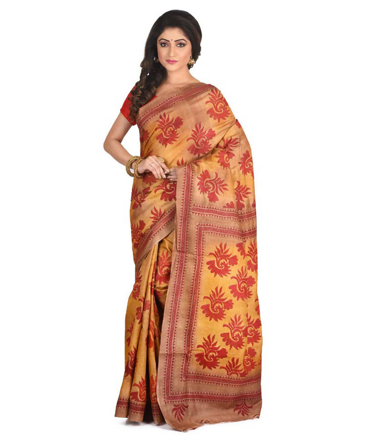 Yellow exclusive bengal tasar saree with hand embroidery work
