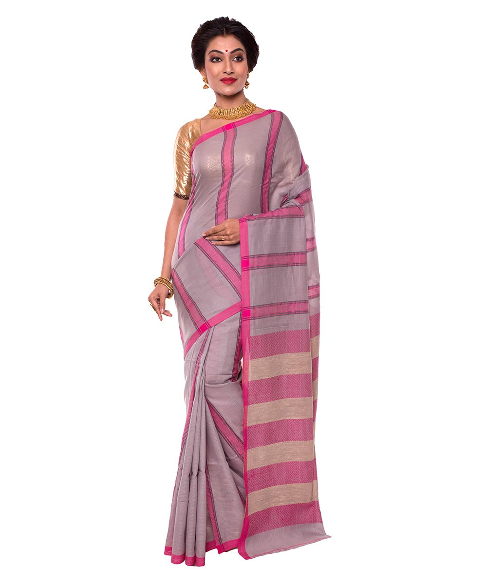Grey Lavender Stripe Handloom Cotton Saree