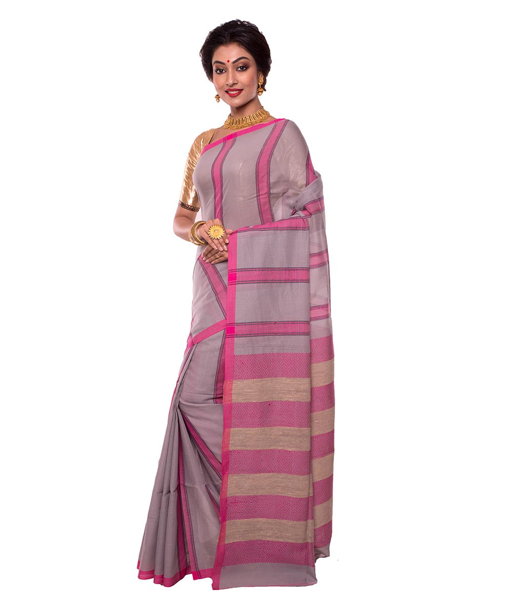 Grey Lavender Stripe Handloom Cotton Saree