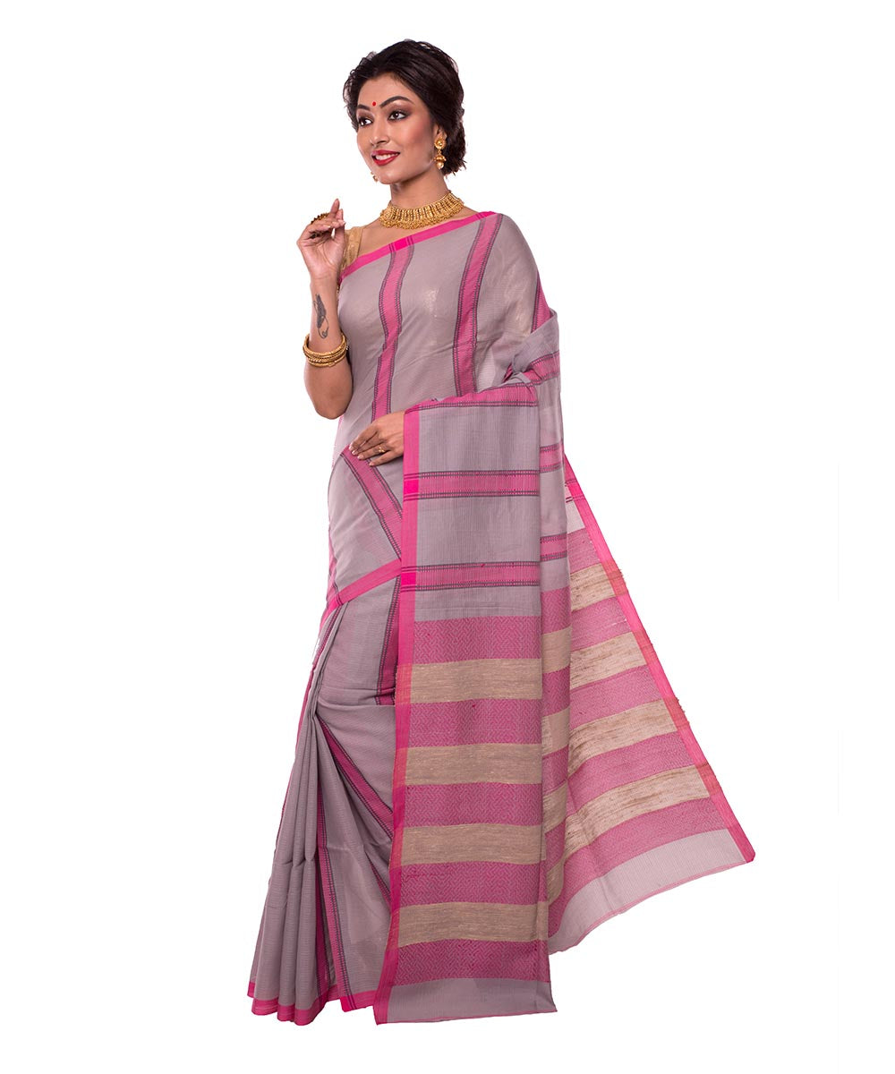 Grey Lavender Stripe Handloom Cotton Saree