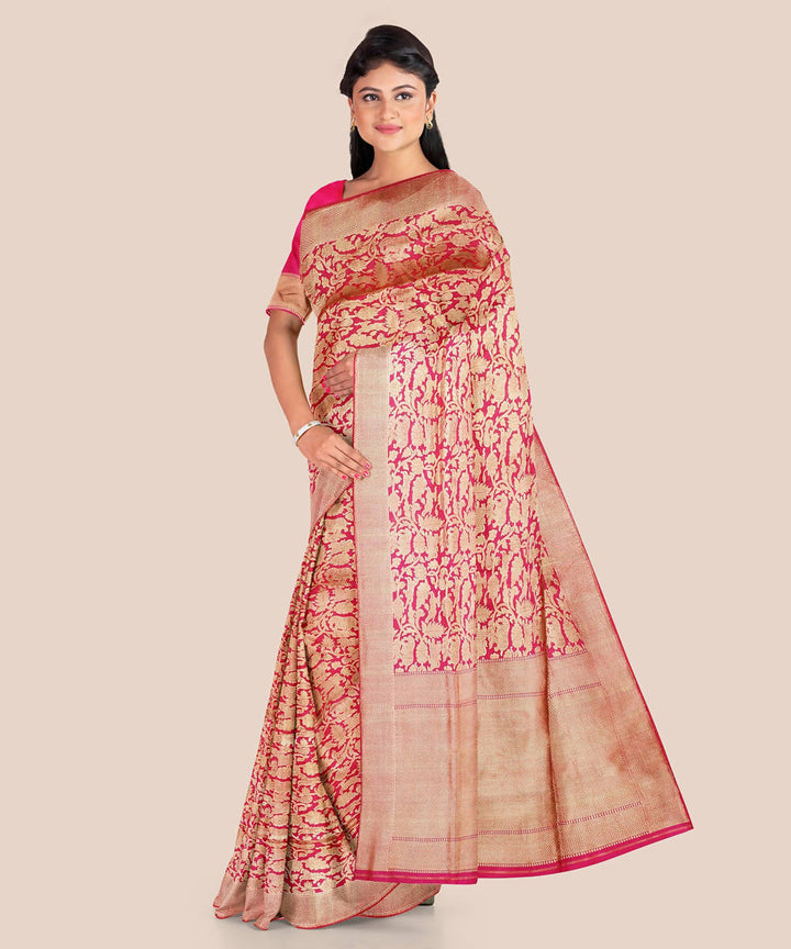 Red and beige handloom silk shikargah katan banarasi saree