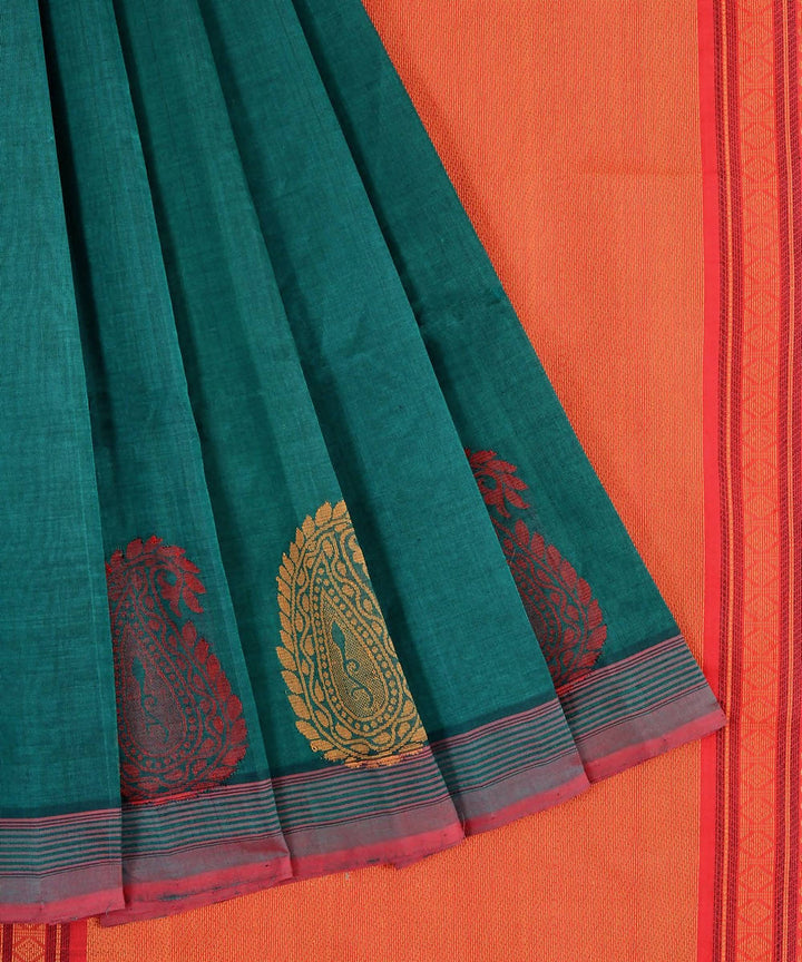Bottle green Kanjivaram silk cotton thread work border motif saree
