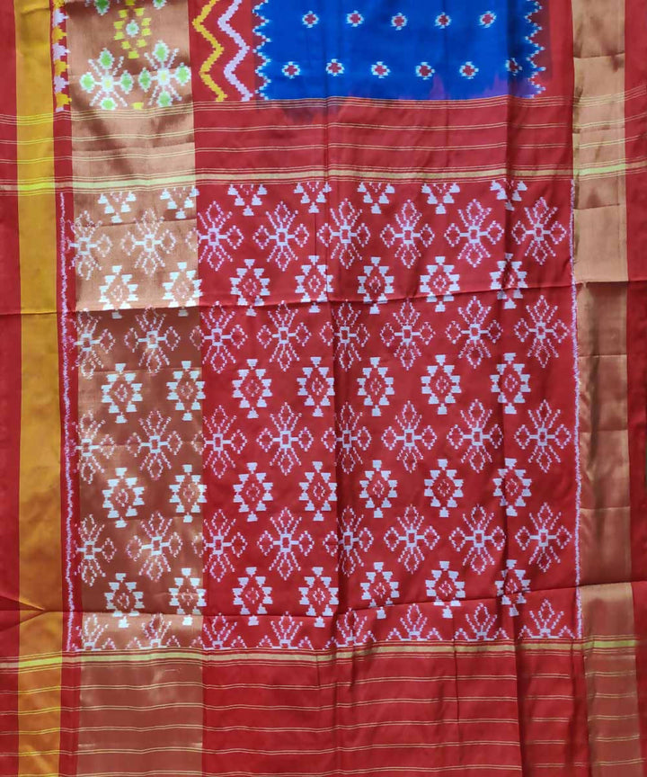Bright navy blue red handloom silk pochampally ikat saree