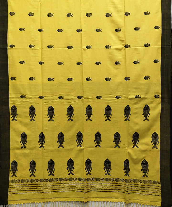 Yellow black handwoven cotton handspun saree
