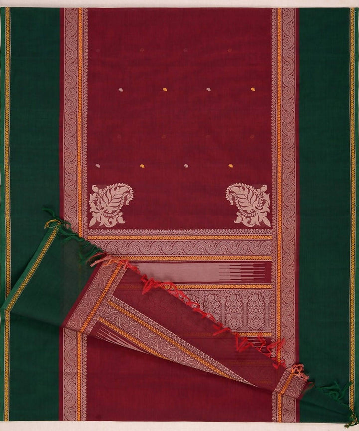 Dark red handloom kanchi cotton mubbhagam saree with butties