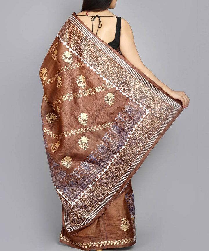 Kiara crafts brown handwoven handblock print tussar silk saree
