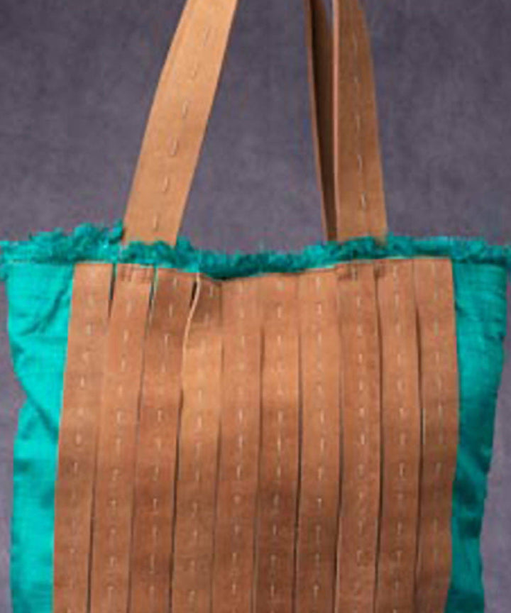 Sea green brown handmade silk bag with leather button and handle