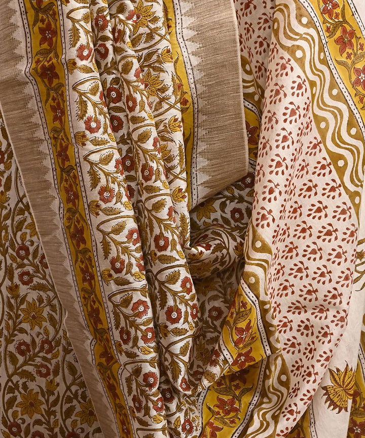 Beige cotton silk hand block printed saree with matching blouse