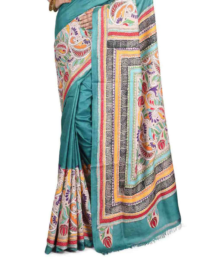 Cyan Green exclusive bengal tasar saree with hand embroidery work