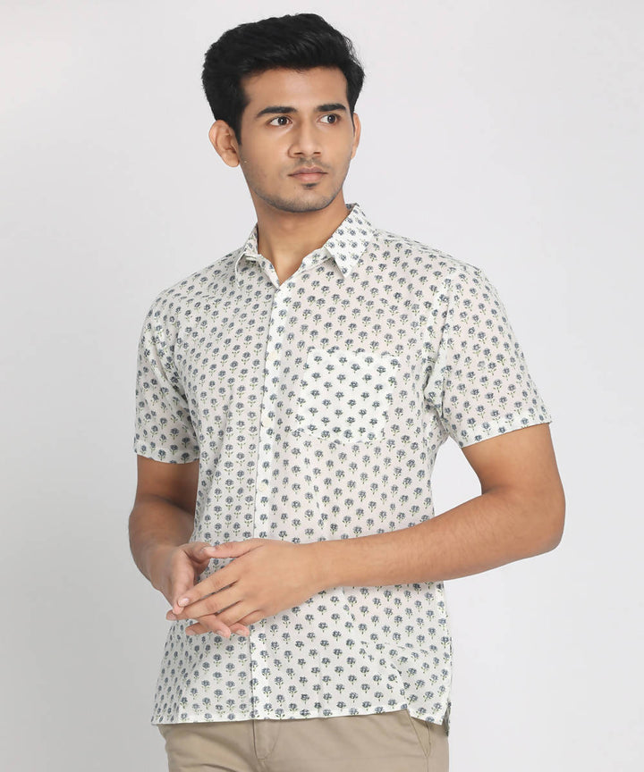 Handloom white cotton half sleeves printed shirt