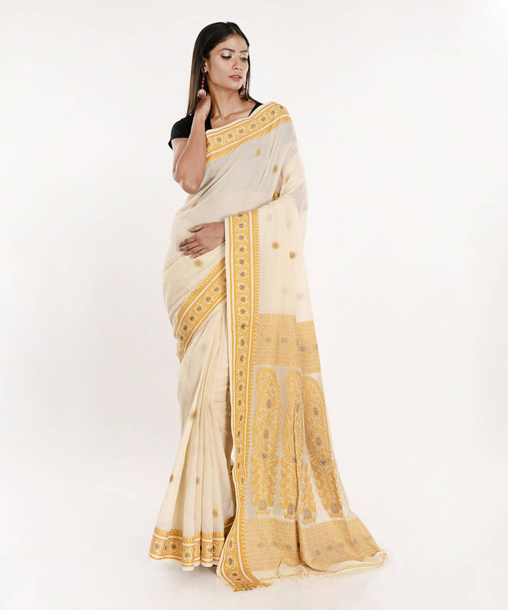Cream and yellow handloom tangail bengal cotton saree