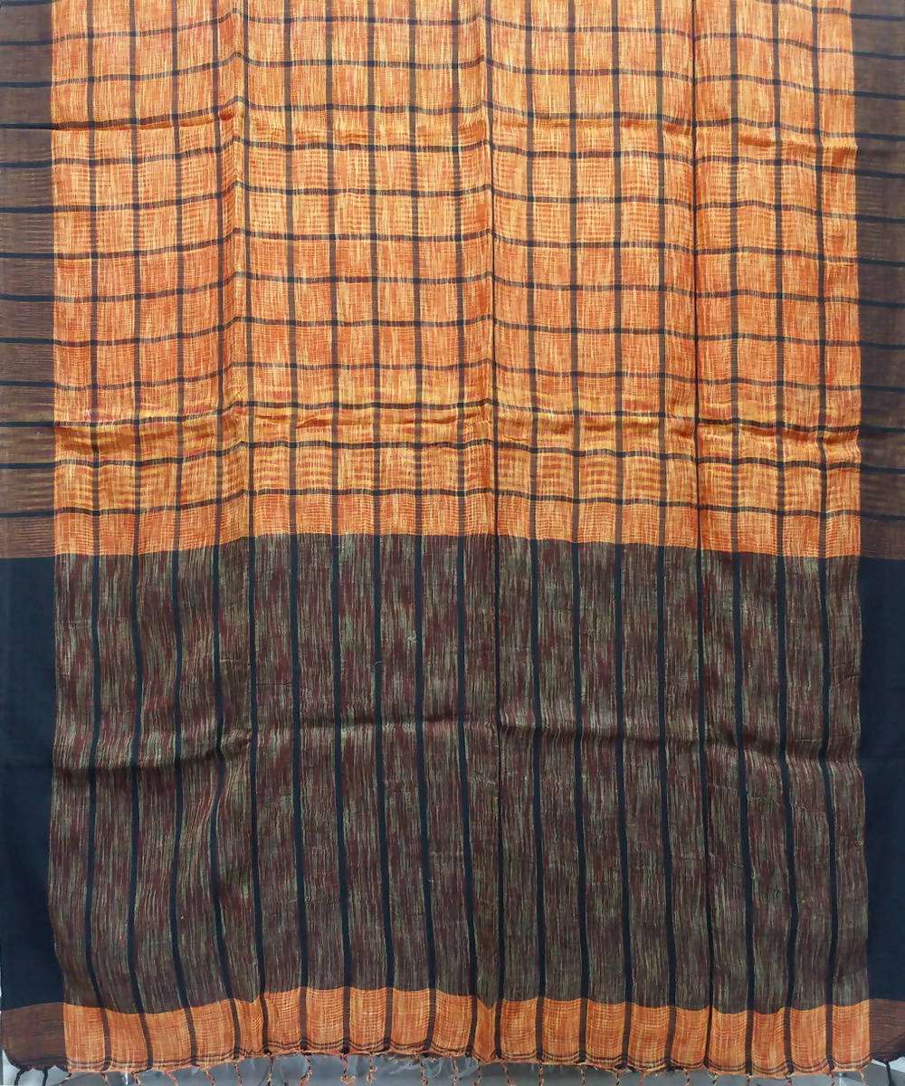 Rust and Yellow Tie Dye Handloom Linen Bengal Saree