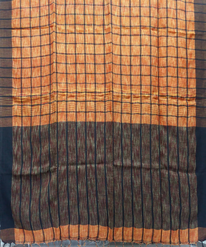 Rust and Yellow Tie Dye Handloom Linen Bengal Saree
