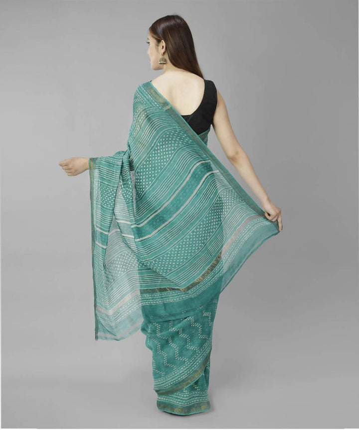 Teal green bagru handblock printed linen saree