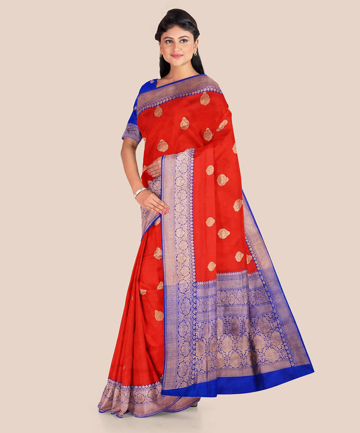 Red and blue handloom silk katan banarasi saree