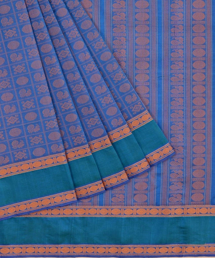 Peacock blue kanchi silkcotton saree ayiram 1000 butta rudraksh border