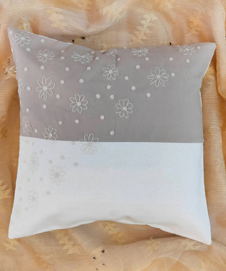 Hand embroidered white grey cotton cushion cover