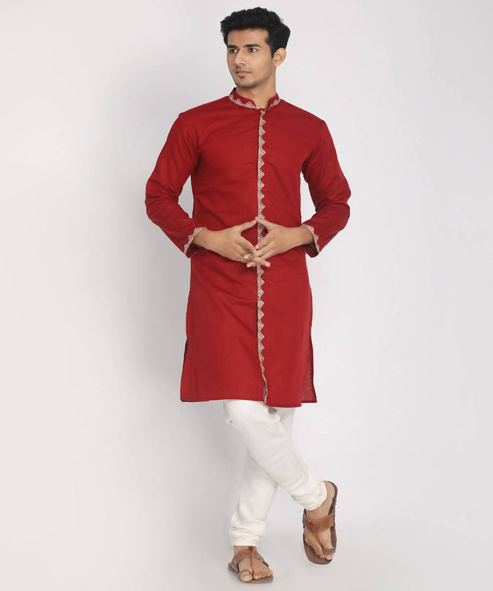 Maroon cotton linen zari embroidery long kurta