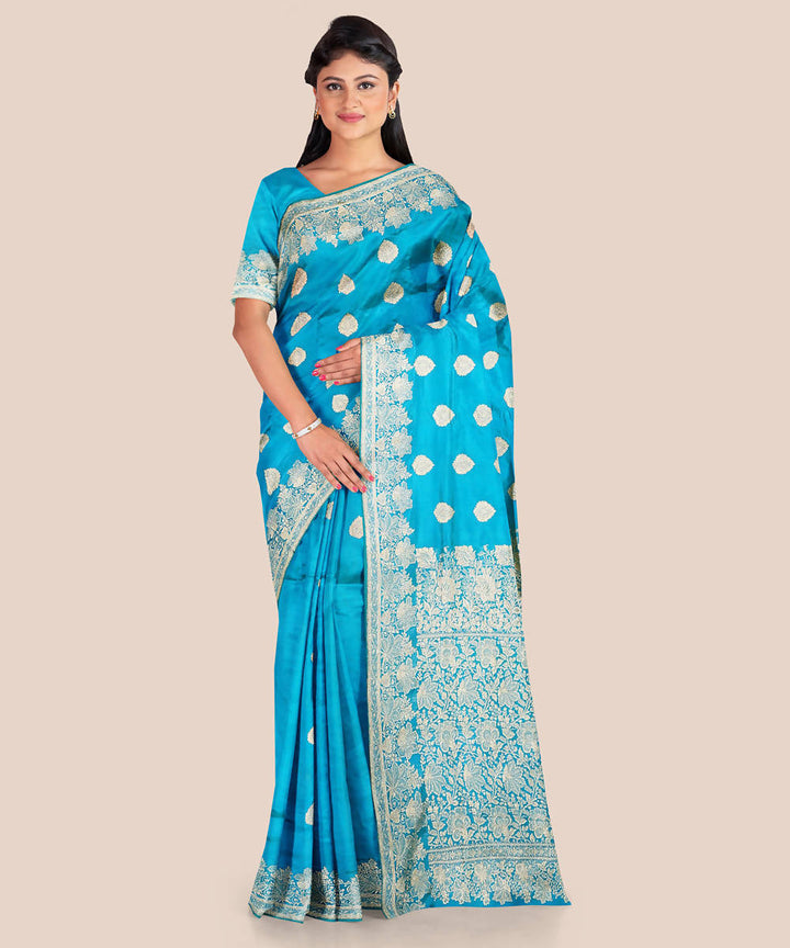 Deep sky blue handwoven silk banarasi saree