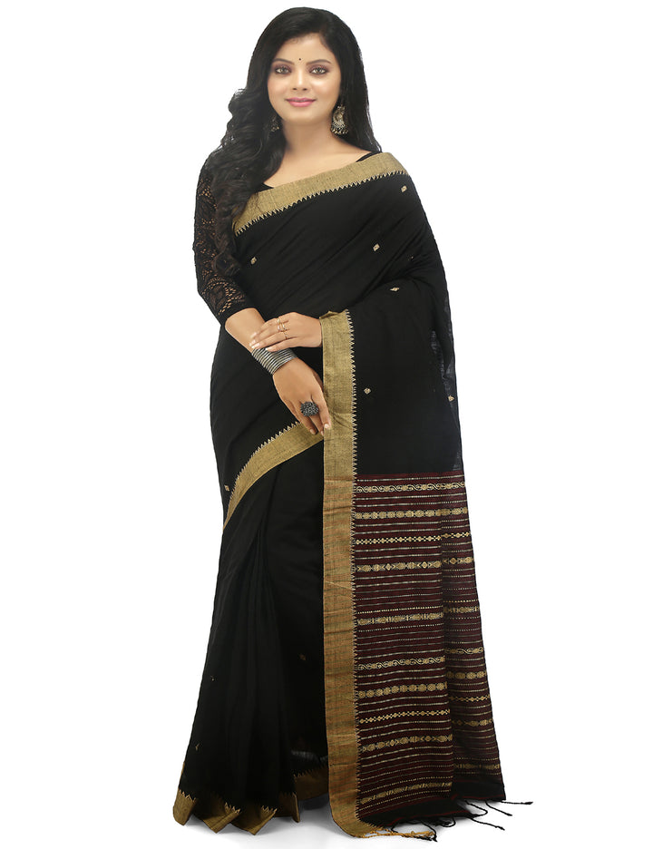 Black handwoven cotton bengal saree