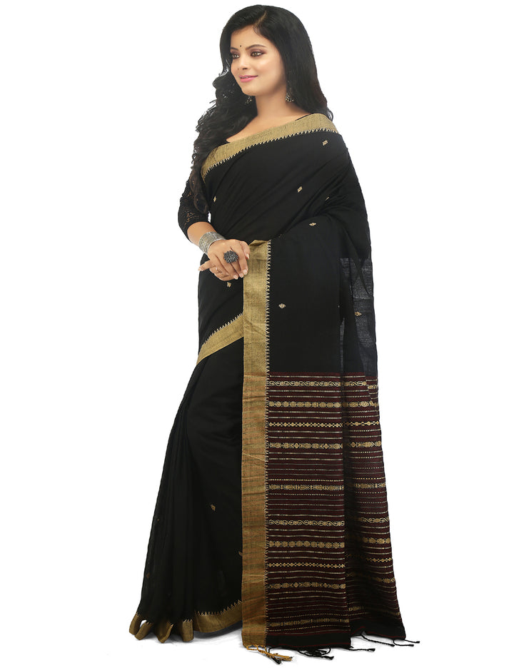 Black handwoven cotton bengal saree