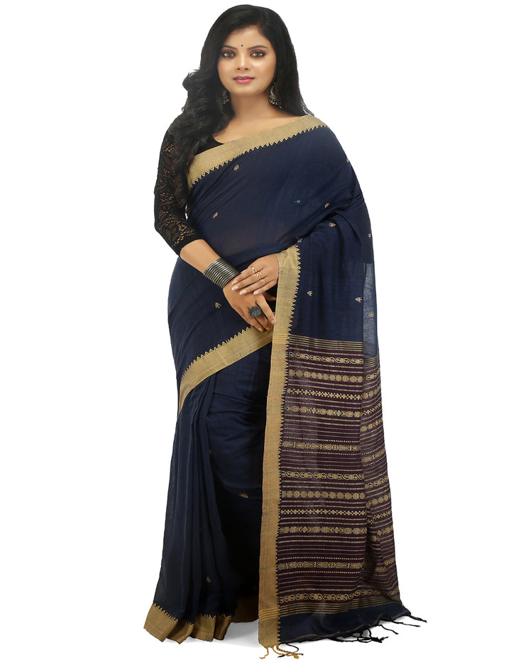 Navy blue handwoven cotton bengal saree
