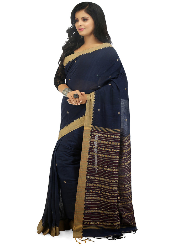 Navy blue handwoven cotton bengal saree