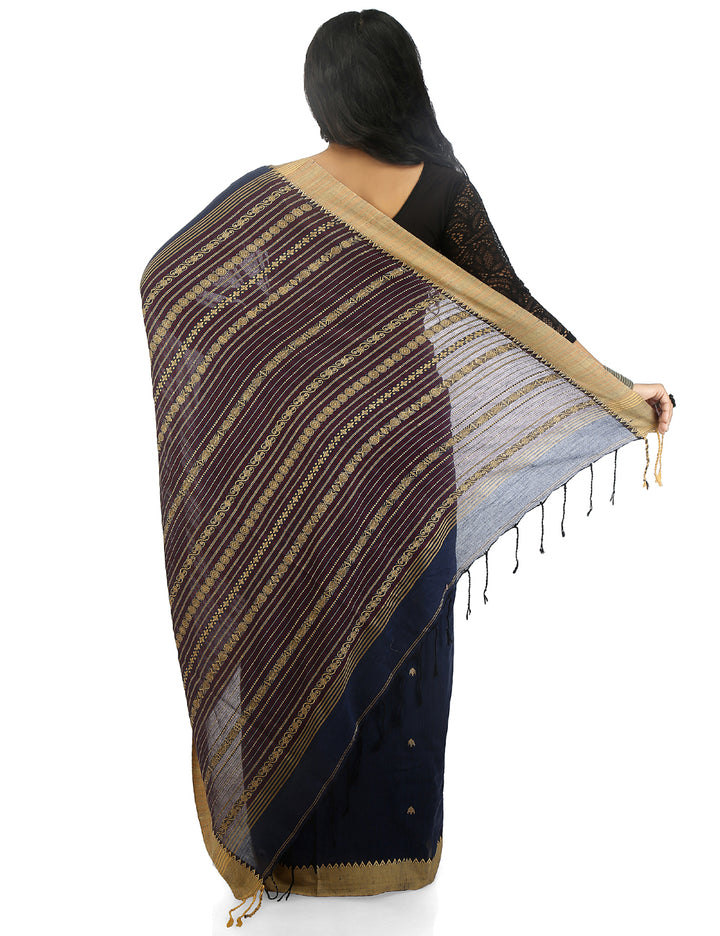 Navy blue handwoven cotton bengal saree
