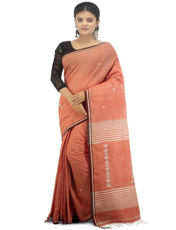 Pale orange handwoven cotton bengal saree