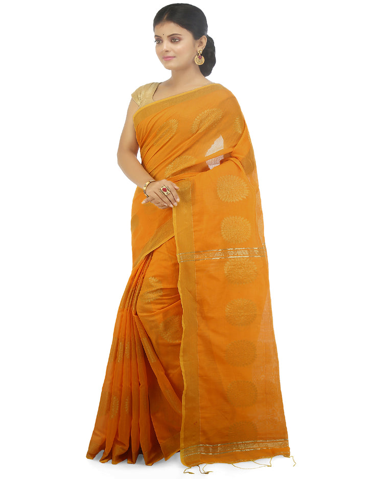 Yellow orange handloom art silk and cotton bengal saree