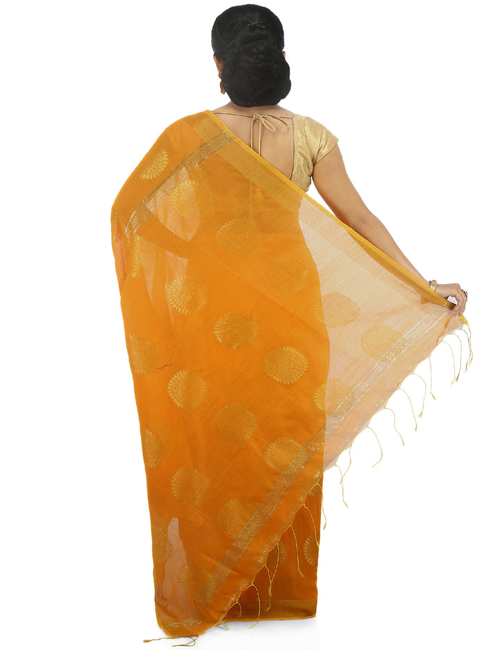 Yellow orange handloom art silk and cotton bengal saree