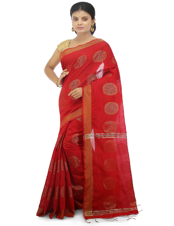 Red handloom art silk and cotton bengal saree