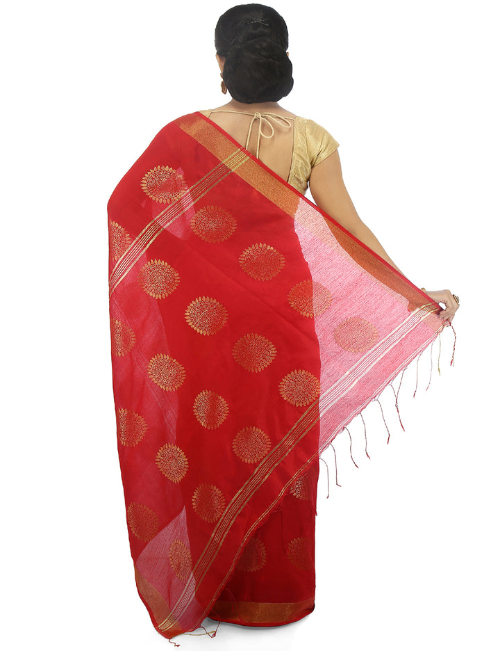 Red handloom art silk and cotton bengal saree