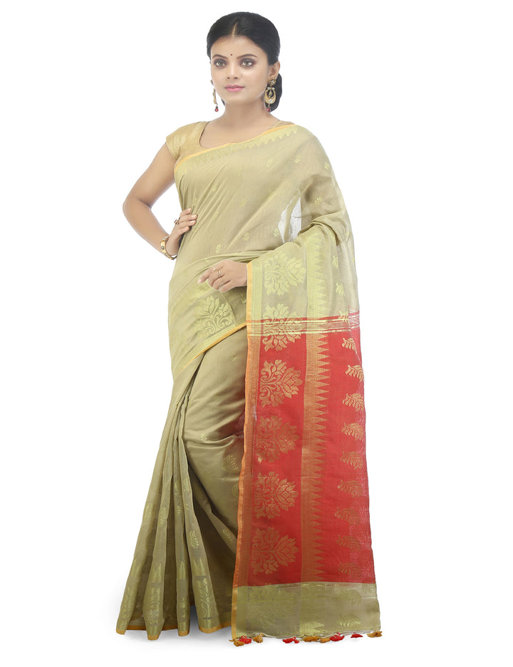 Beige handloom art silk and cotton bengal saree