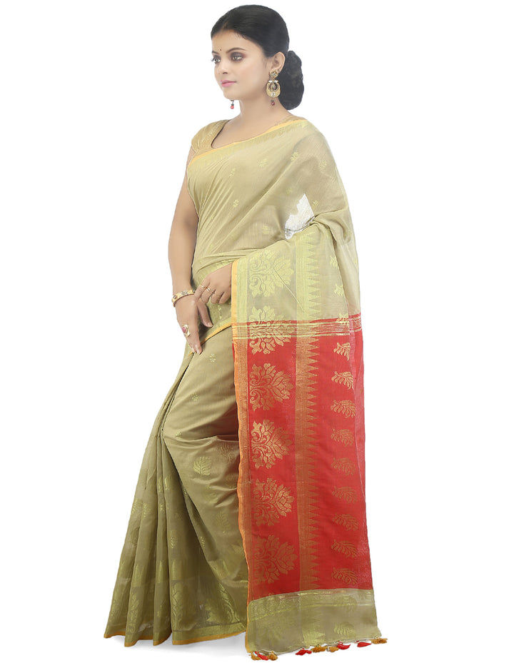 Beige handloom art silk and cotton bengal saree