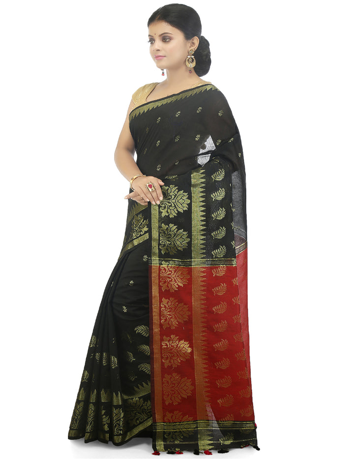 Black handloom art silk and cotton bengal saree