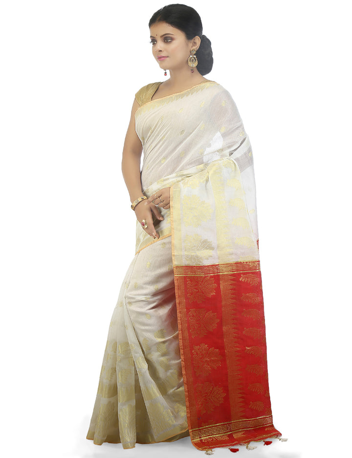 White and red handloom art silk and cotton bengal saree