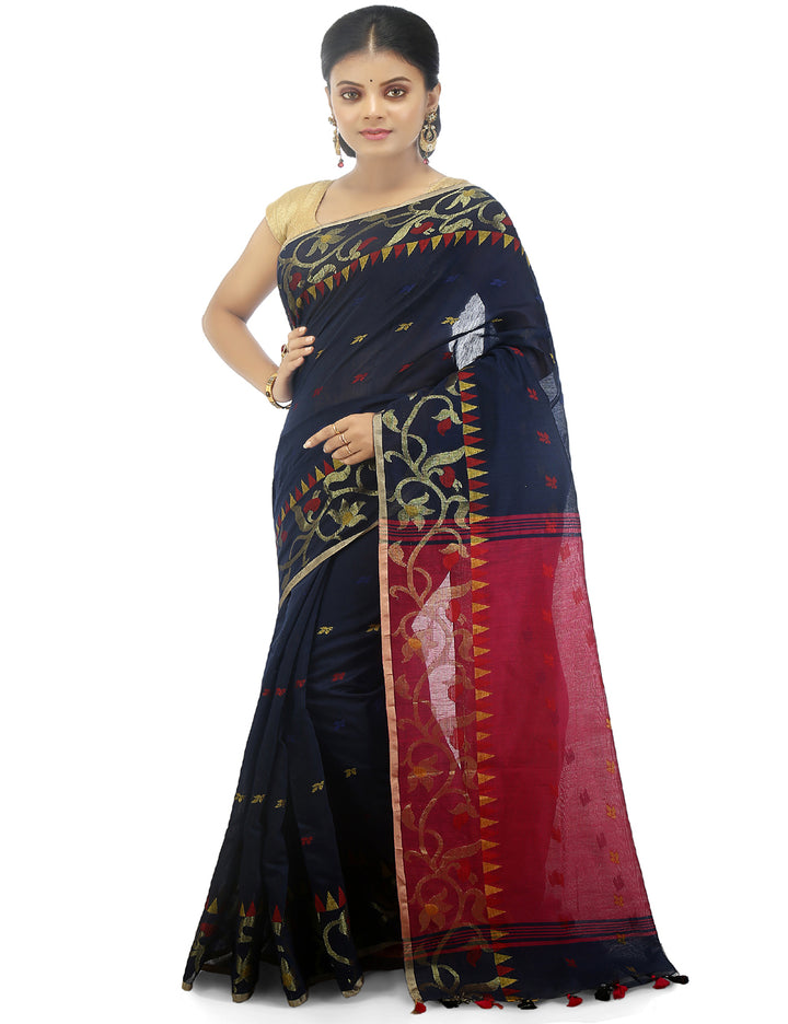 Black handloom art silk and cotton bengal saree