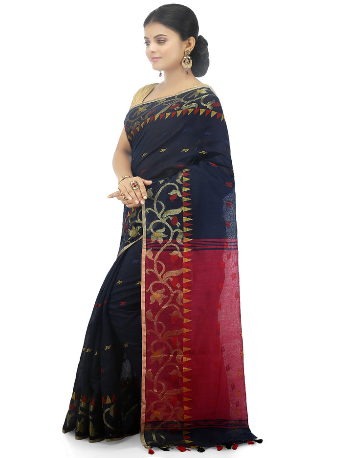 Black handloom art silk and cotton bengal saree