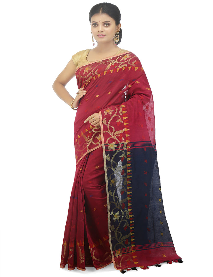 Red handloom art silk and cotton bengal saree