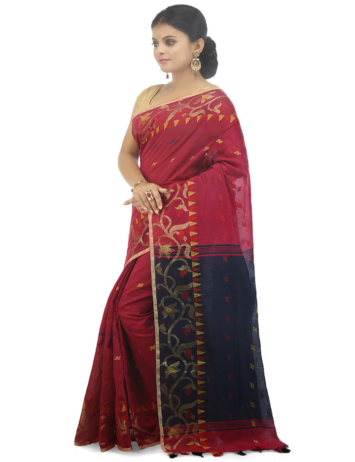 Red handloom art silk and cotton bengal saree
