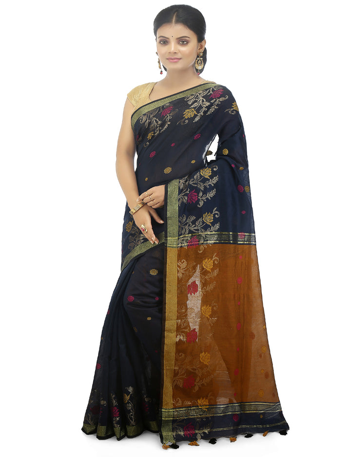 Navy blue handloom art silk and cotton bengal saree
