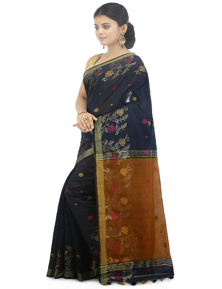 Navy blue handloom art silk and cotton bengal saree